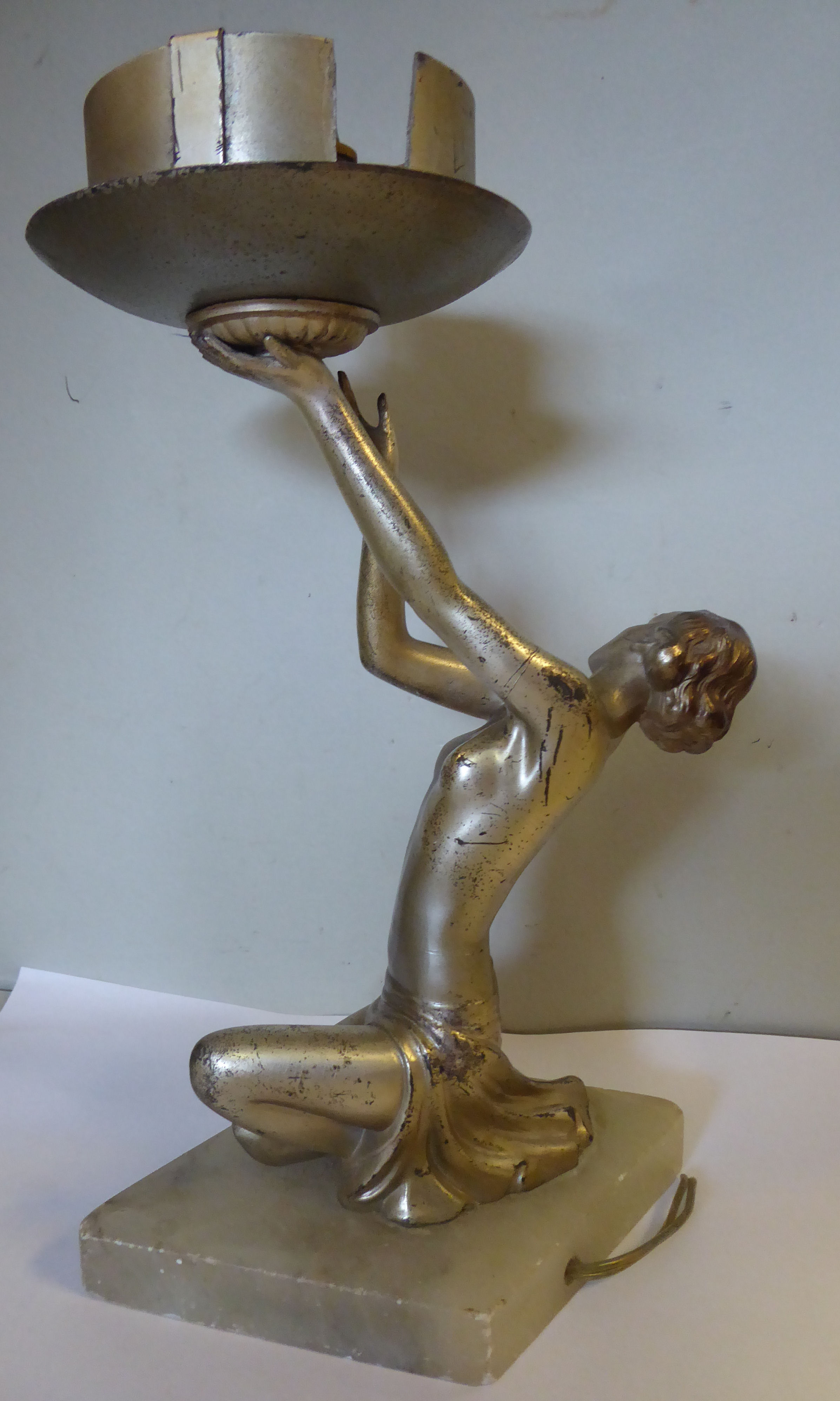 A 1930s Art Deco silver patinated spelter table lamp, a kneeling dancer holding a light fitting, - Image 5 of 6