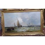 J Meadows - a seascape with fishing and other sailing vessels on choppy water oil on canvas bears