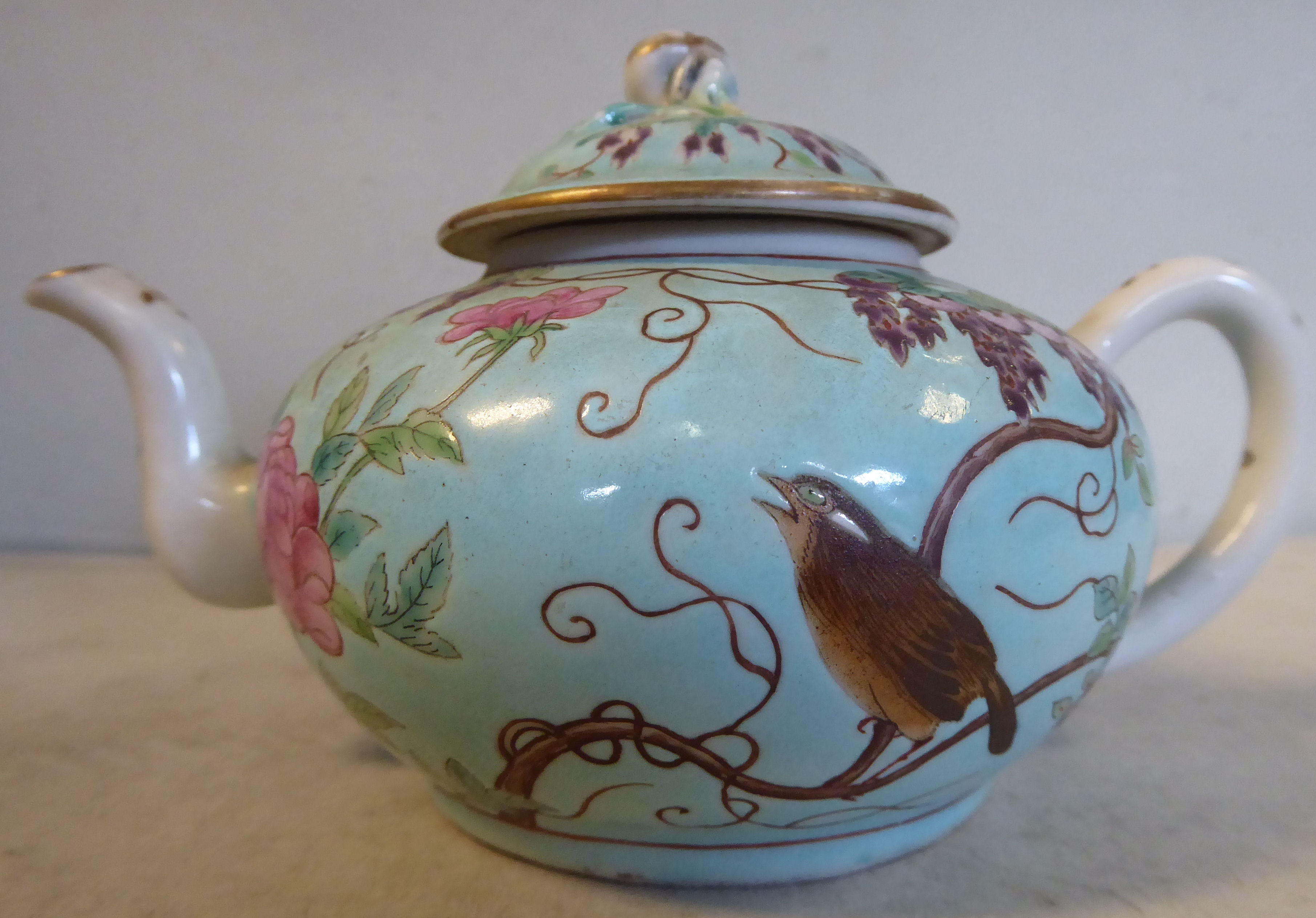 A late 19thC Chinese porcelain 'small' teapot of squat, bulbous form with an S-shaped spout, - Image 3 of 6