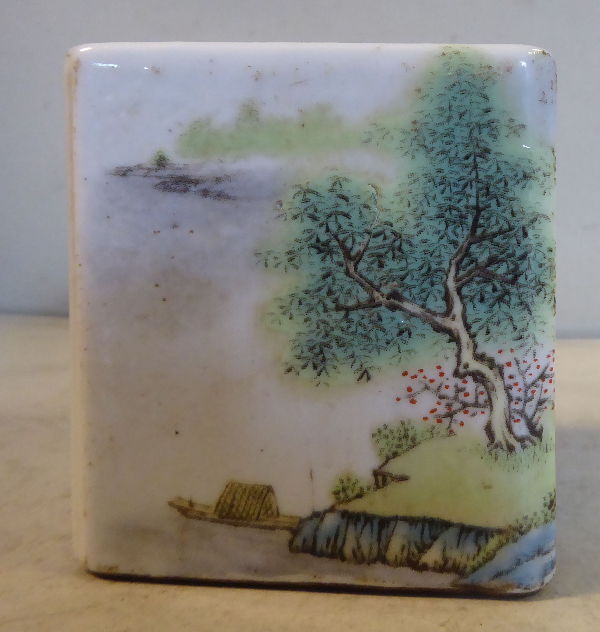 A Chinese Republic period porcelain square blush pot, decorated with a cottage in a landscape 3. - Image 3 of 7