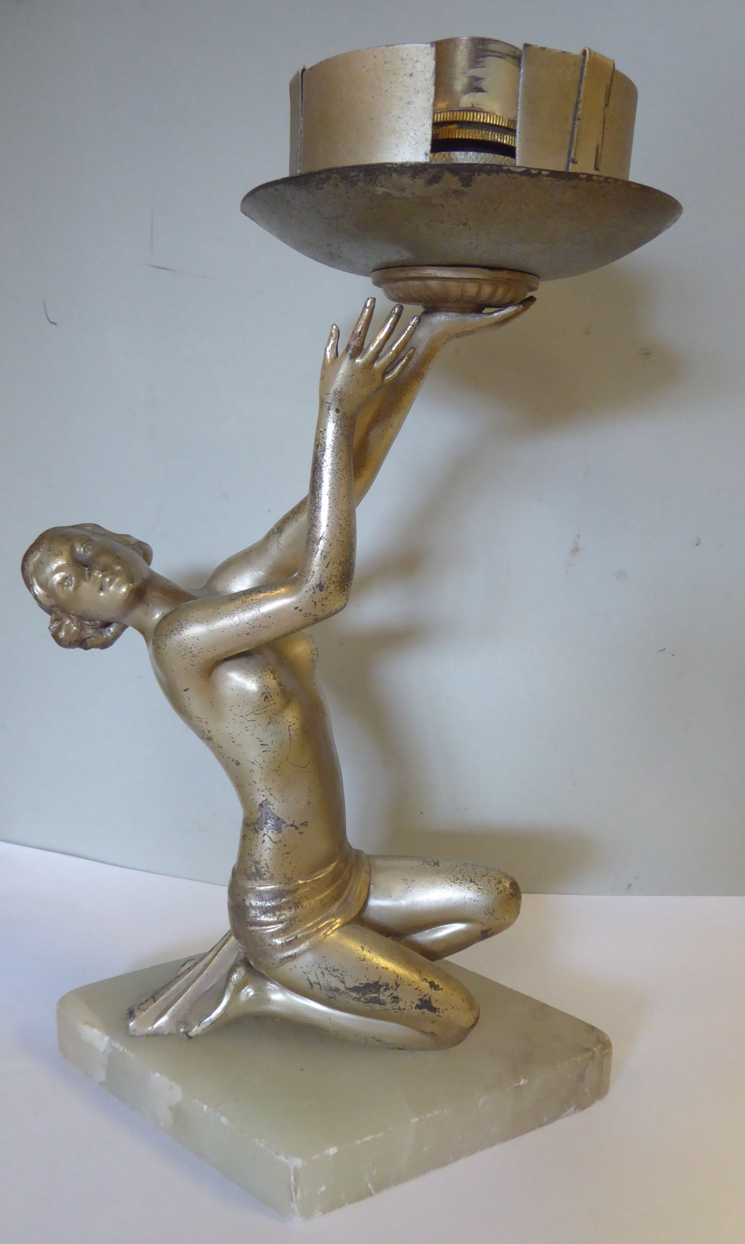 A 1930s Art Deco silver patinated spelter table lamp, a kneeling dancer holding a light fitting, - Image 2 of 6