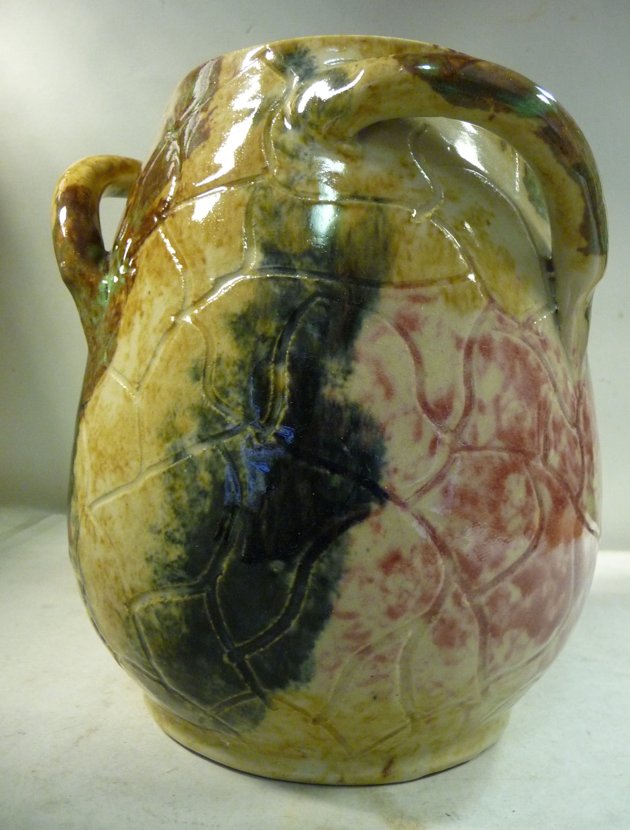 A Fulham Pottery Hurlingham Ware multi-coloured glazed vase of ovoid form with two strap handles - Image 2 of 4
