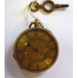 A lady's 18ct gold cased fob watch with engraved and engine turned decoration,