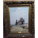 J Harvey - an Italian shoreline scene with a stagecoach pulled by four horses oil on canvas bears