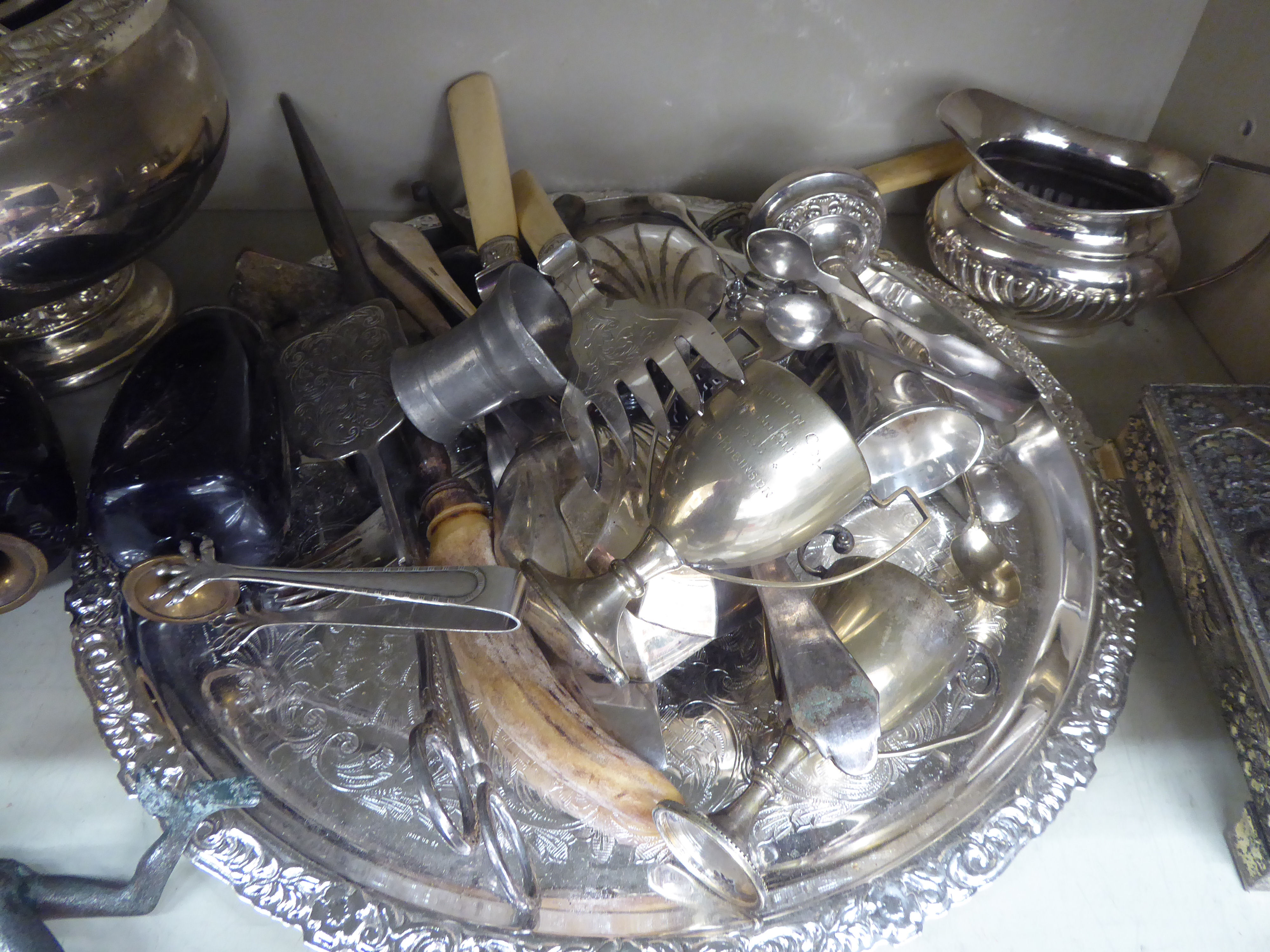 Silver plated and other metalware: to include a muffin dish and cover and two pewter tankards - Image 2 of 2