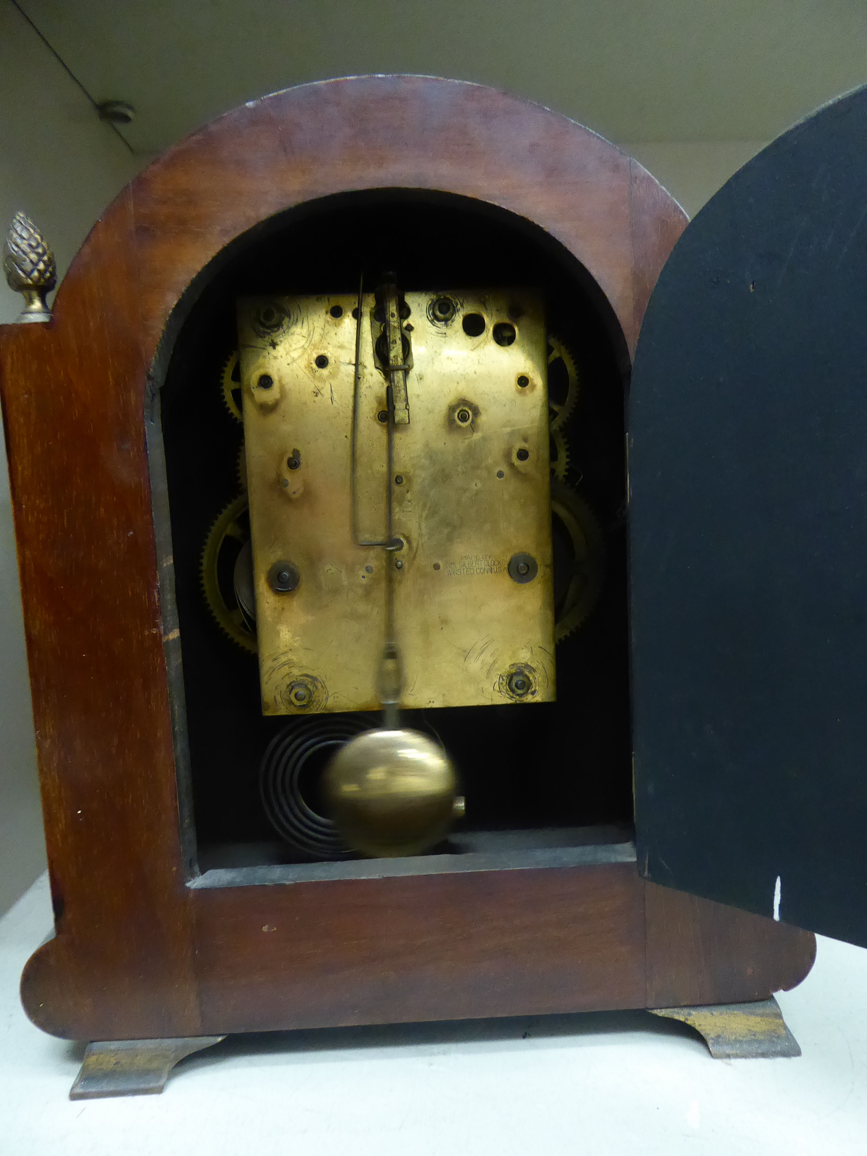 An Edwardian mahogany mantel clock with lacquered brass mounts and string inlaid ornament, - Image 2 of 2