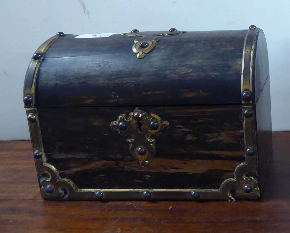 A late 19thC coromandel and brass mounted letter box of casket design with a hinged lid, - Image 3 of 3