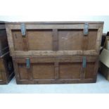 Two similar pine framed and plywood panelled trunks with hinged lids each 13''h 36''w BSR