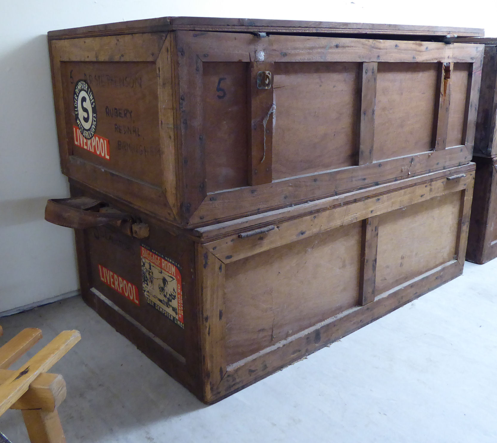 Two similar pine framed and plywood panelled trunks with hinged lids each 13''h 36''w BSR - Image 2 of 2