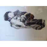 A Sonia Lawson - 'Good Companion' a child sleeping beside a dog coloured crayon bears an