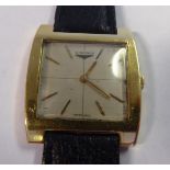 A Longines 18ct gold square cased wristwatch, stamped 4/10 7685 4 199, the 17 jewel movement no.