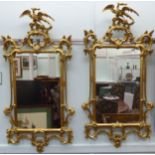 A pair of modern late 18thC design mirrors, set in foliate scroll carved giltwood frames,