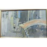 T Coats - a Continental urban canal scene with figures and a footbridge oil on canvas bears a