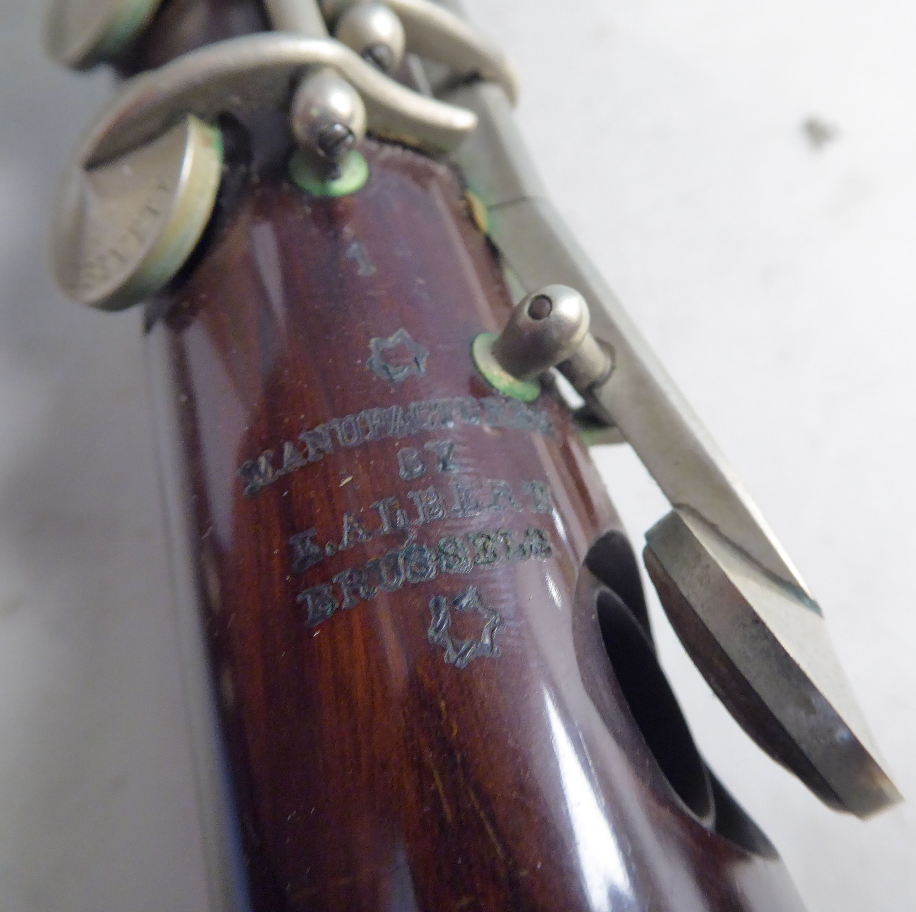 Two similar early 20thC E Albert and BA Chapple fruitwood clarinets with silver plated mounts, - Image 4 of 18