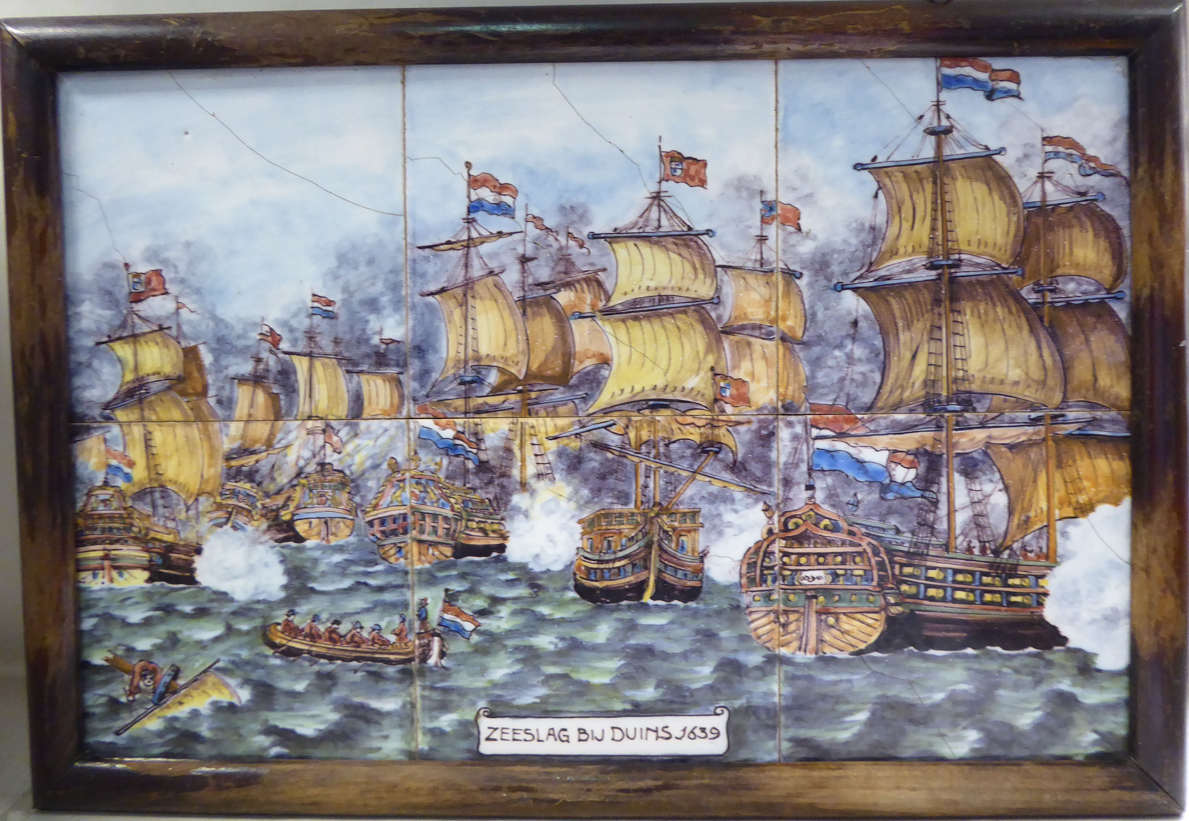 A set of six pottery plaques, depicting 'The Naval Battle of The Downs,