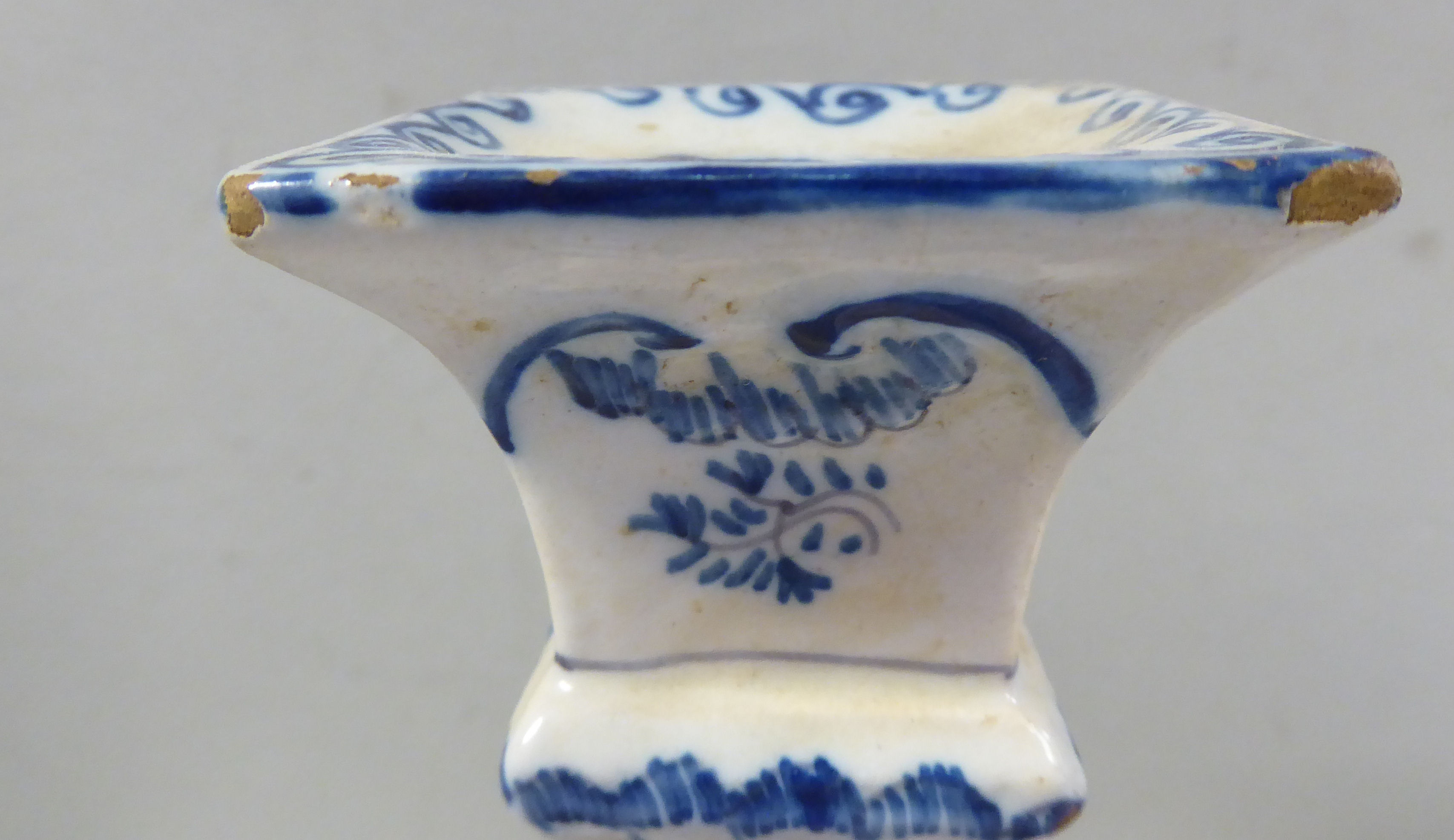 A pair of early Dutch Delft candlesticks, decorated in blue and white with flora and windmills 6. - Image 12 of 14