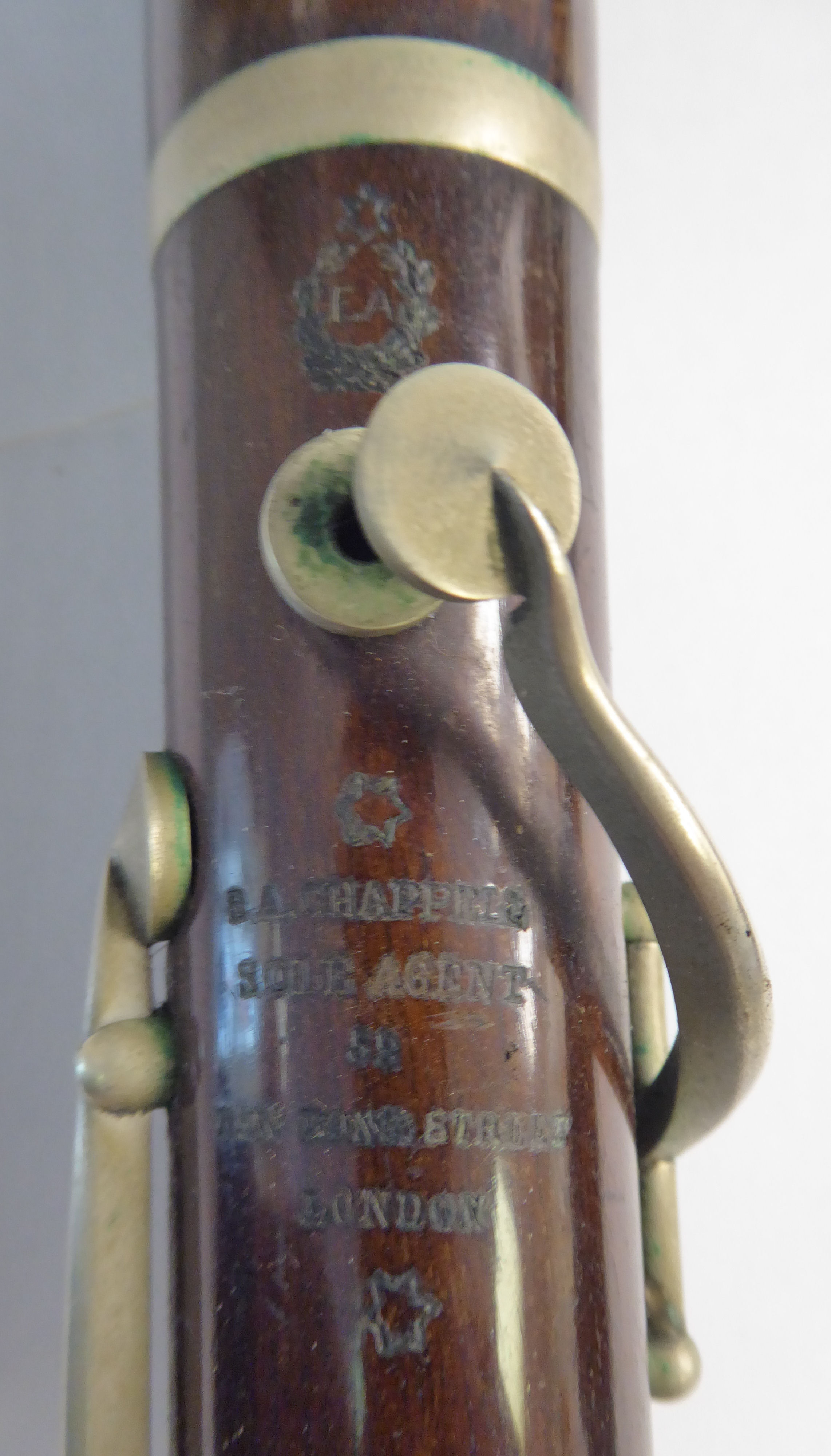 Two similar early 20thC E Albert and BA Chapple fruitwood clarinets with silver plated mounts, - Image 17 of 18