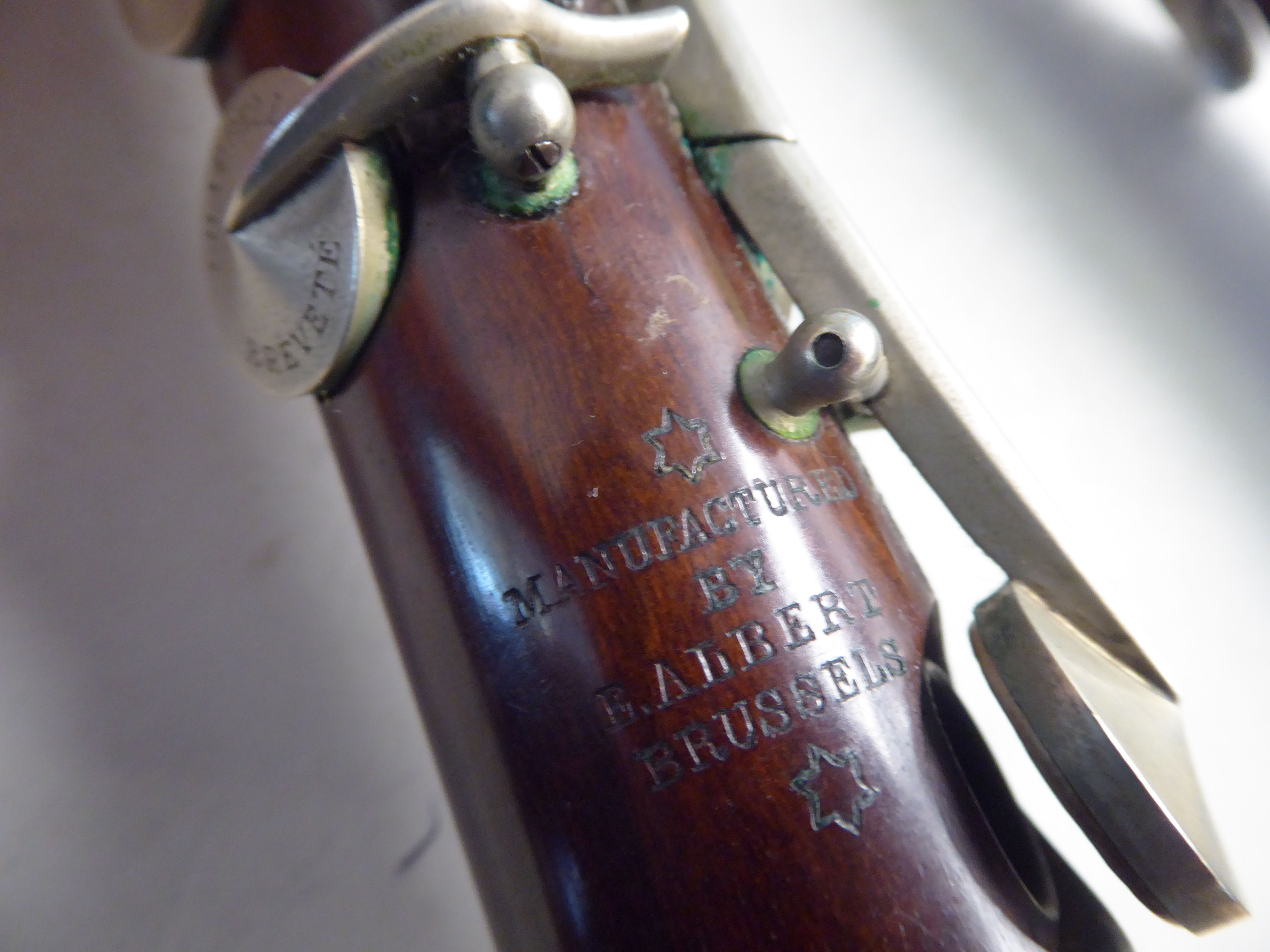 Two similar early 20thC E Albert and BA Chapple fruitwood clarinets with silver plated mounts, - Image 9 of 18
