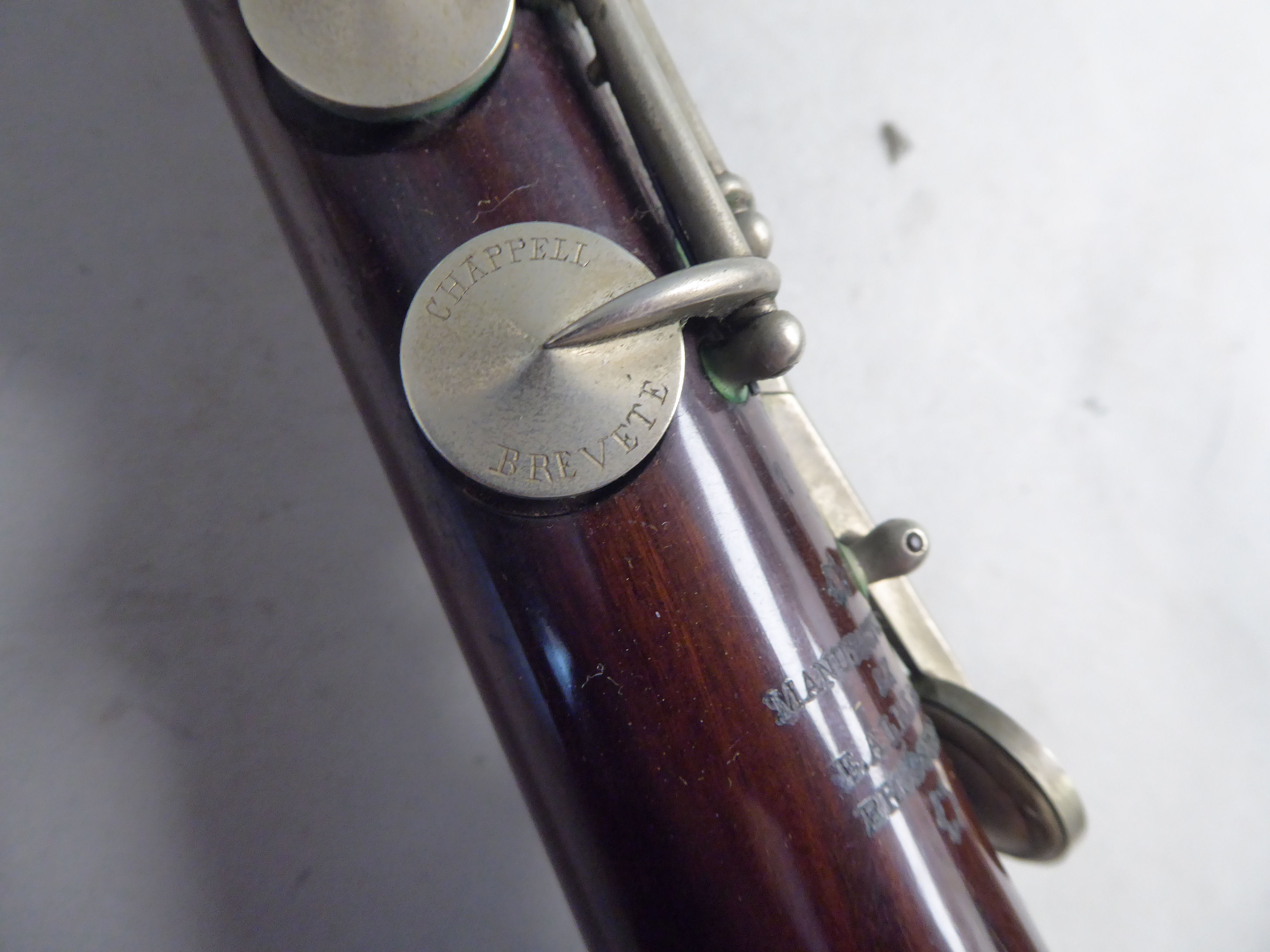 Two similar early 20thC E Albert and BA Chapple fruitwood clarinets with silver plated mounts, - Image 7 of 18