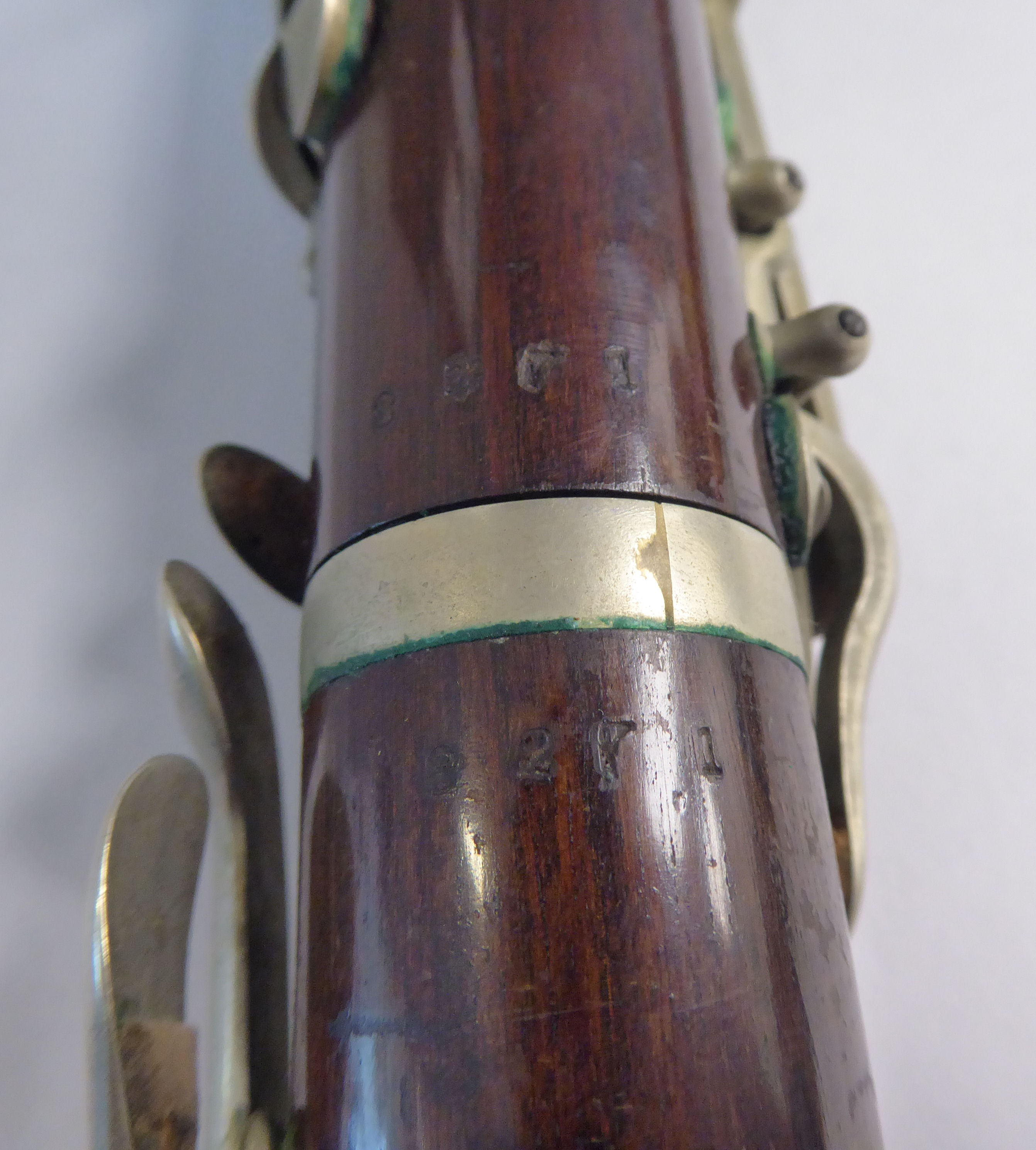 Two similar early 20thC E Albert and BA Chapple fruitwood clarinets with silver plated mounts, - Image 18 of 18