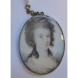 An early 19thC oval, head and shoulders portrait miniature, a young woman with a ribbon in her hair,