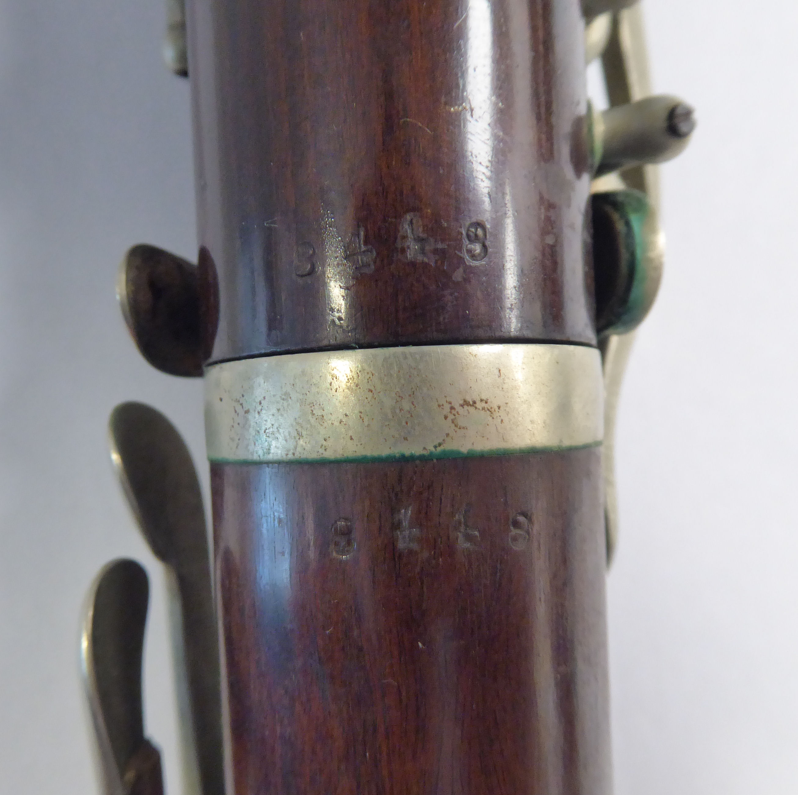 Two similar early 20thC E Albert and BA Chapple fruitwood clarinets with silver plated mounts, - Image 16 of 18