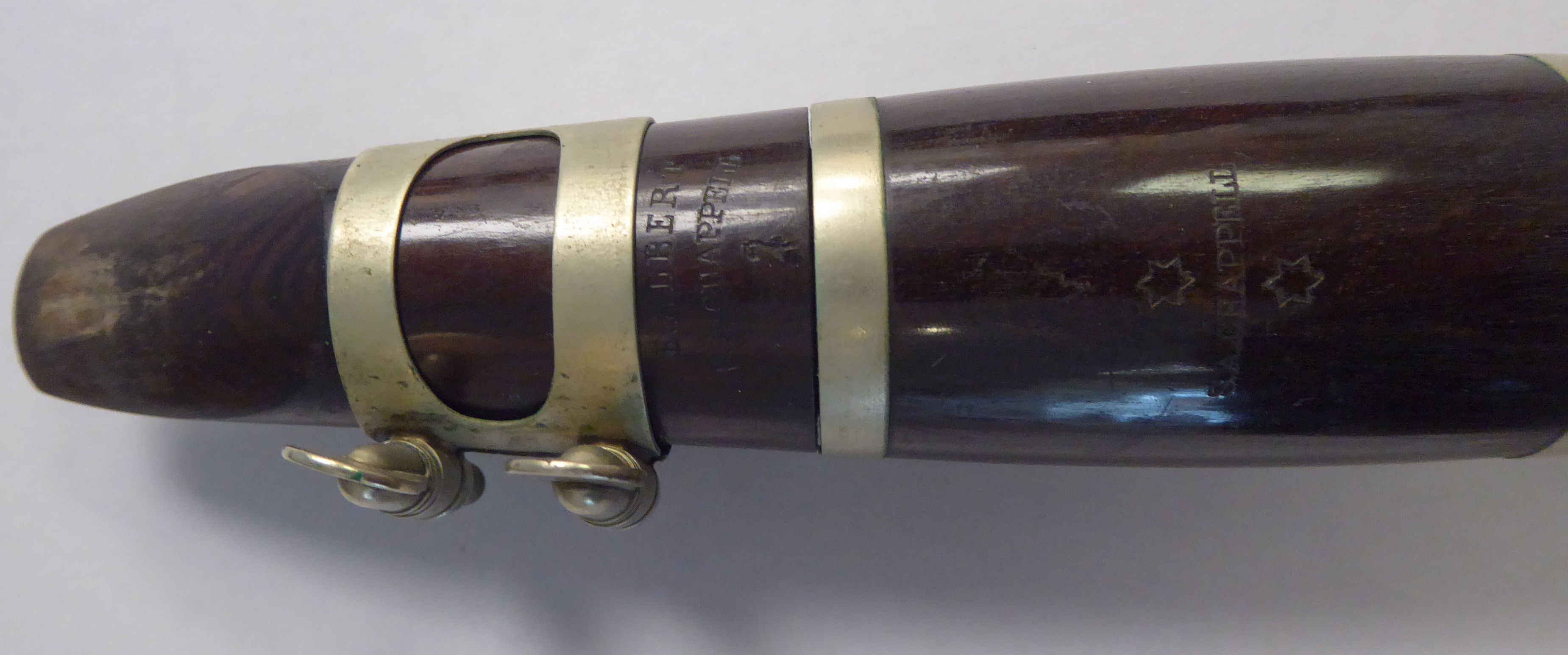 Two similar early 20thC E Albert and BA Chapple fruitwood clarinets with silver plated mounts, - Image 15 of 18