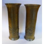 A pair of WH Mawson of Keswich Arts & Craft brass cylindrical spill vases with embossed and