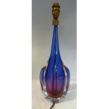 A 1950s Italian layered blue, red and mauve glass vase design table lamp of tapered,