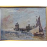 E Ellis - a maritime scene with fishermen in a small boat setting their sails,