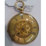 An 18ct gold cased fob watch with engine turned and engraved ornament,