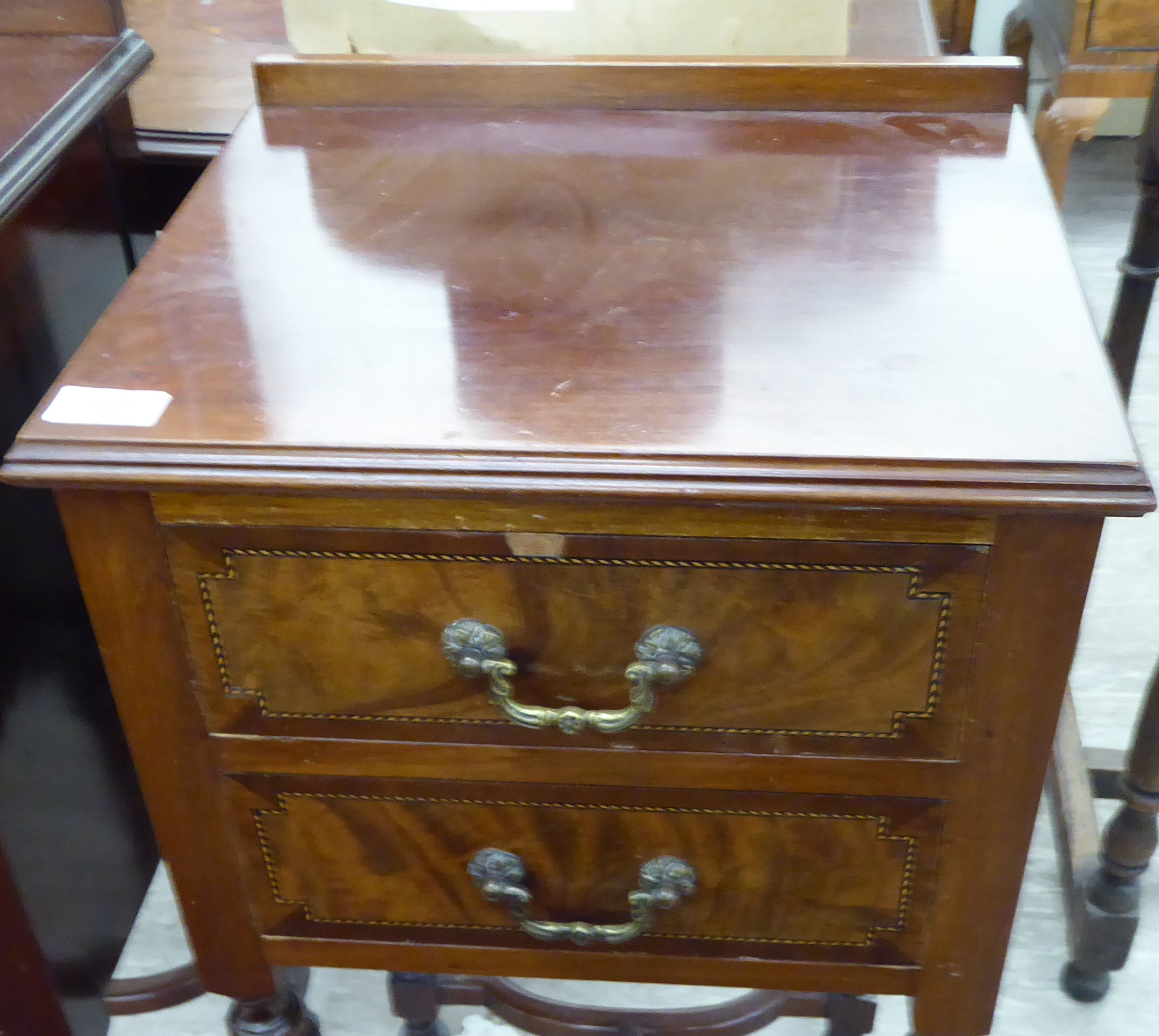 An Edwardian satinwood and ebony inlaid mahogany bedside chest, comprising two drawers, - Image 2 of 2