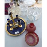 Glassware: to include a 20thC Venetian design blue and floral painted liqueur set the tray 11''dia