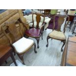 A matched set of three late 19thC Victorian Queen Anne style, walnut framed dining chairs,