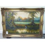 20thC British School - Mallards over water in a landscape oil on canvas 19'' x 29'' framed