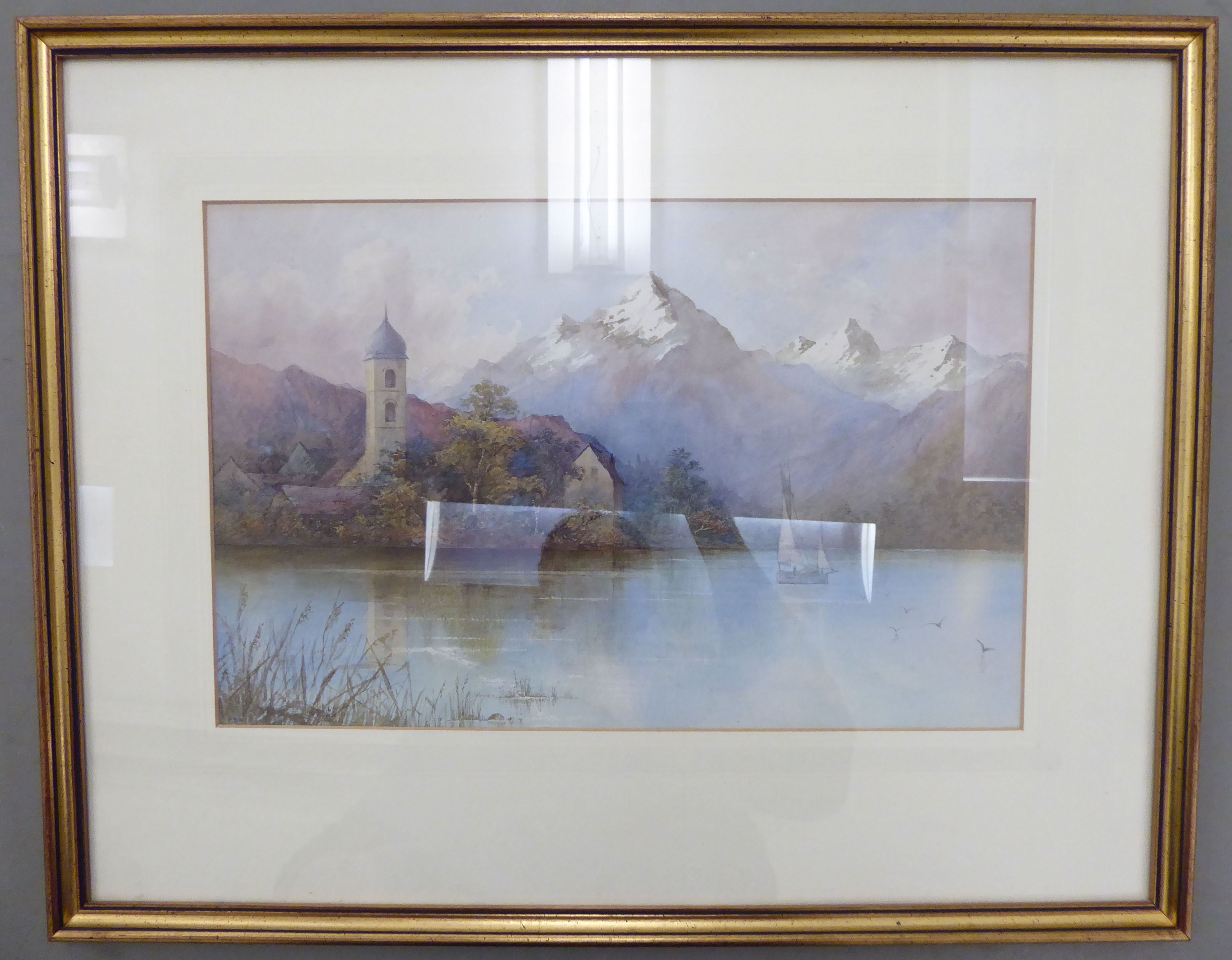 Early 20thC Italian School - an Alpine lake with a church and mountains beyond watercolour 10.