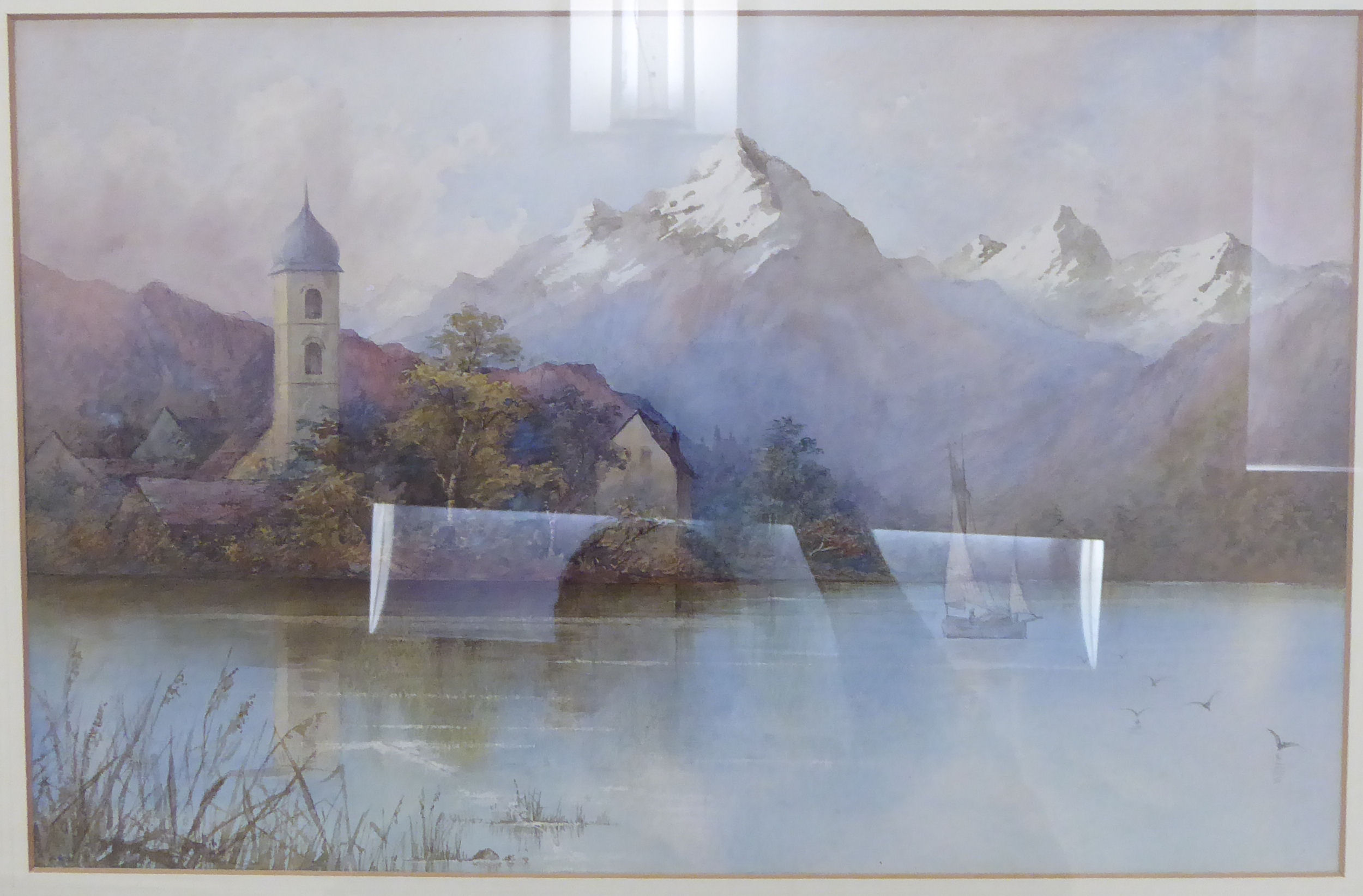 Early 20thC Italian School - an Alpine lake with a church and mountains beyond watercolour 10. - Image 2 of 2