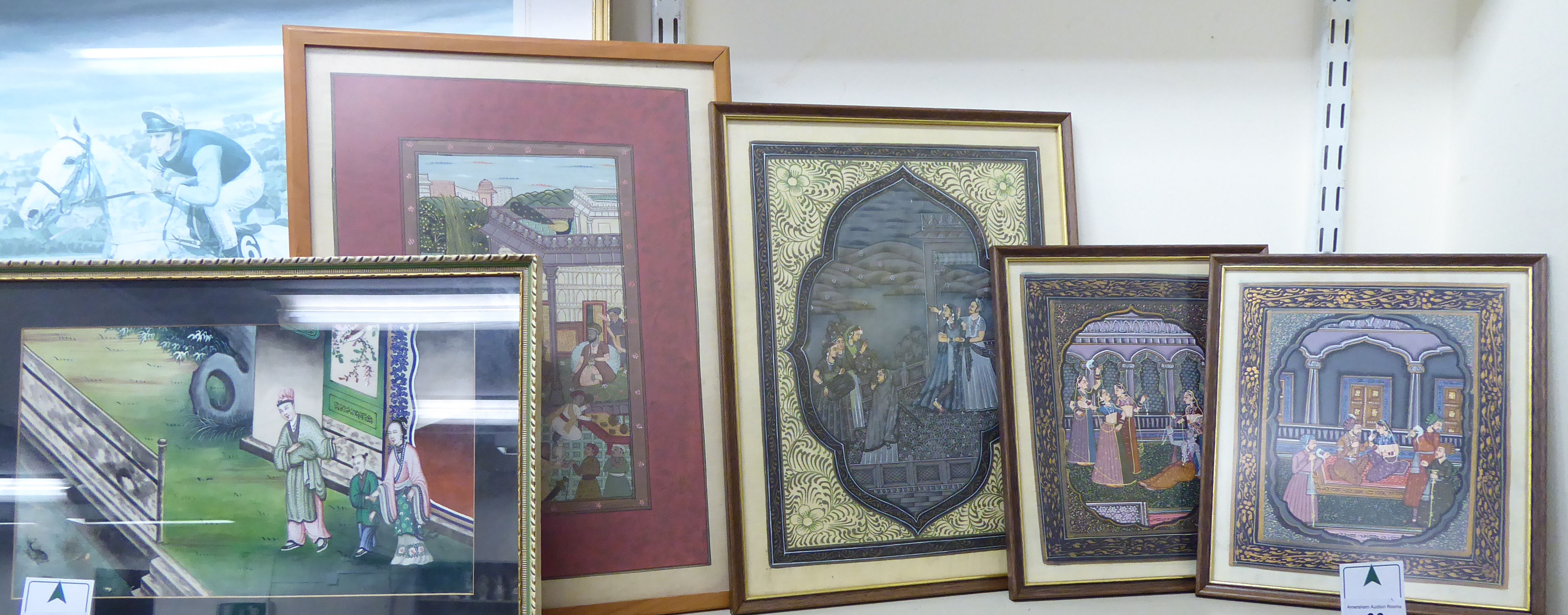 Five framed Far Eastern pictures: to include a Chinese family in a garden painting on rice paper