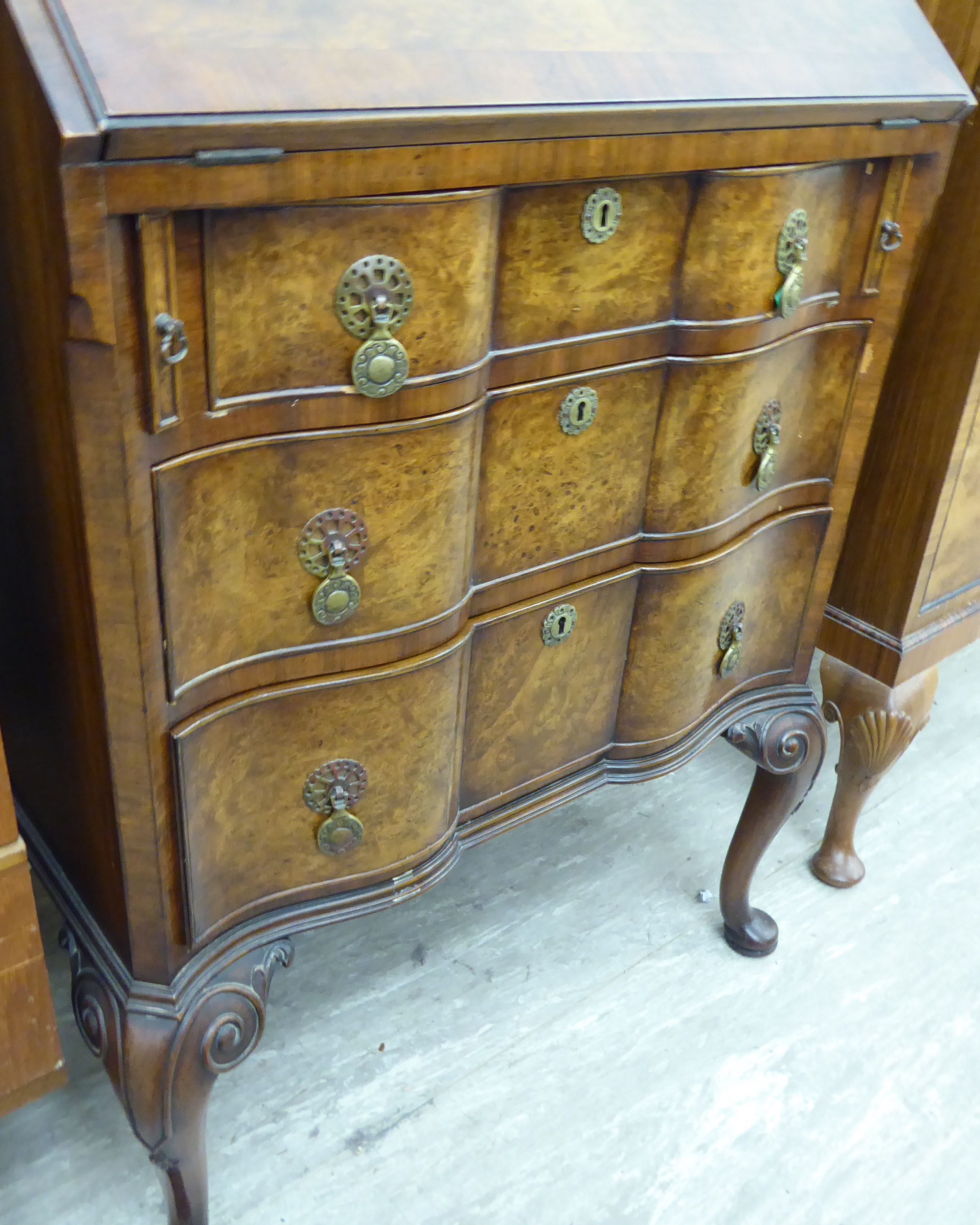 A mid 20thC Queen Anne style walnut bureau bookcase, - Image 2 of 2