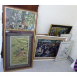 Framed pictures and prints: to include a Chinese silk tapestry,