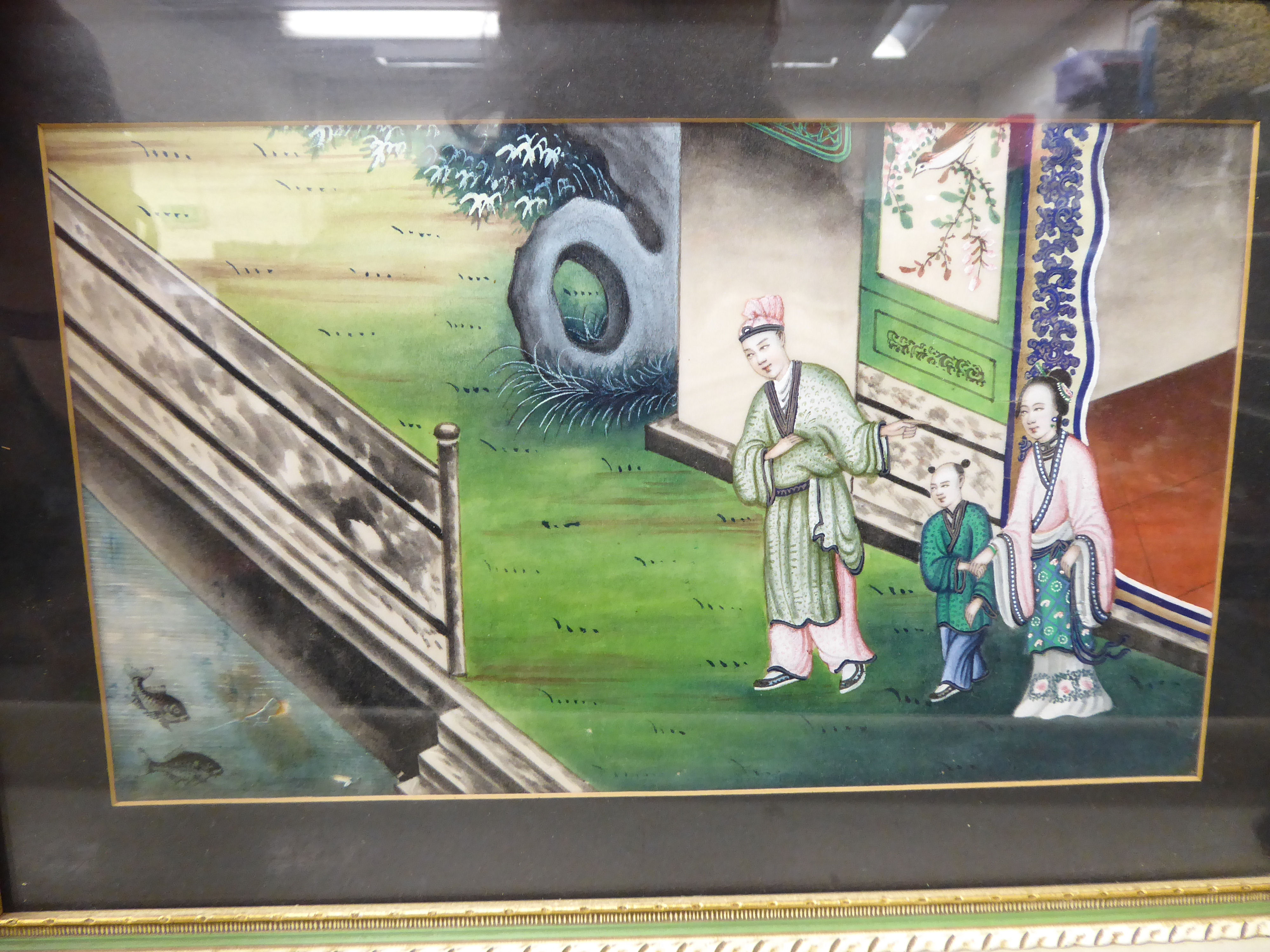 Five framed Far Eastern pictures: to include a Chinese family in a garden painting on rice paper - Image 3 of 3