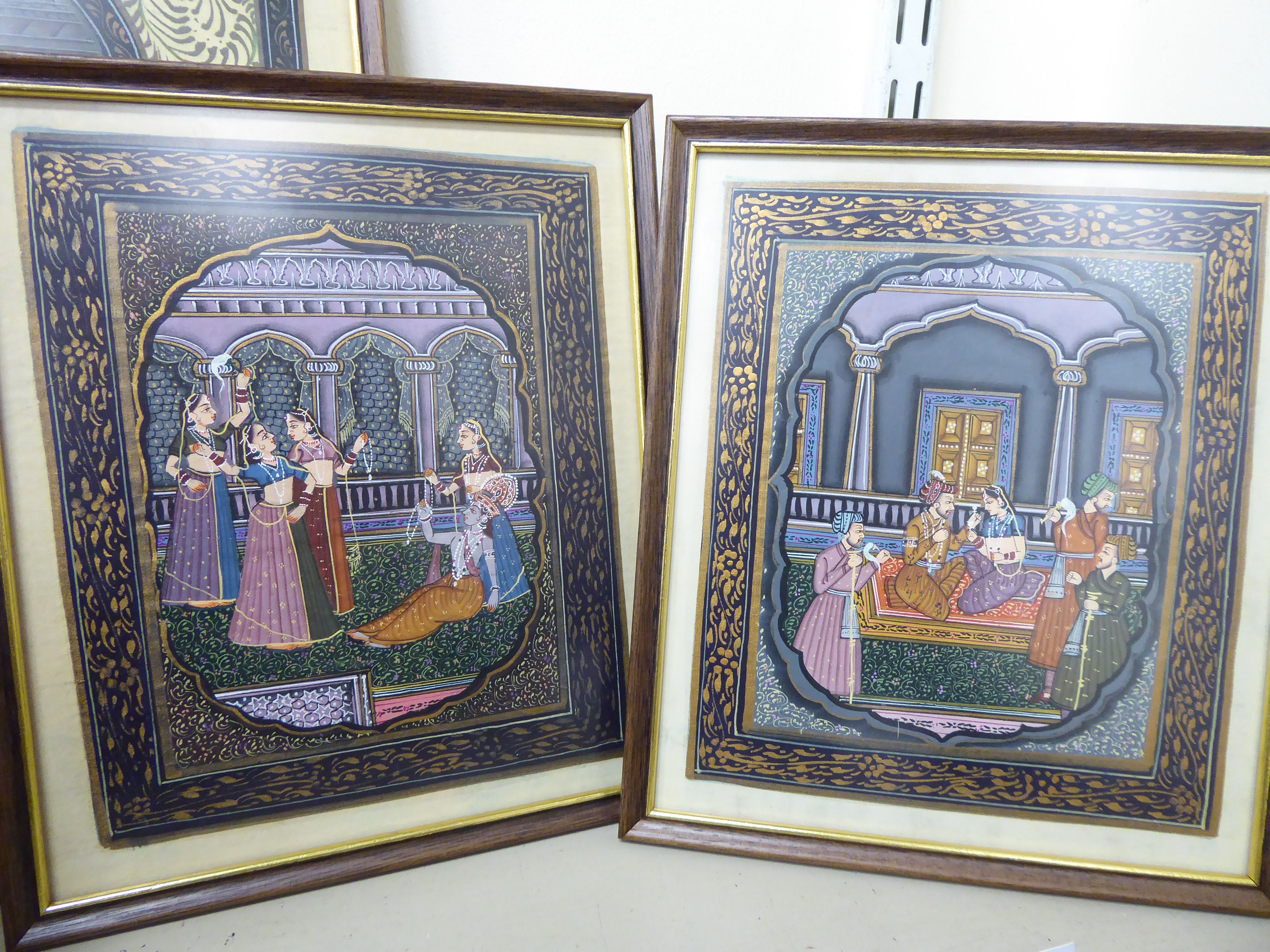 Five framed Far Eastern pictures: to include a Chinese family in a garden painting on rice paper - Image 2 of 3