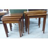 A nesting set of three modern teak occasional tables, raised on square,