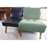 Two similar 'retro' easy chairs, one fabric upholstered, the other black faux hide,