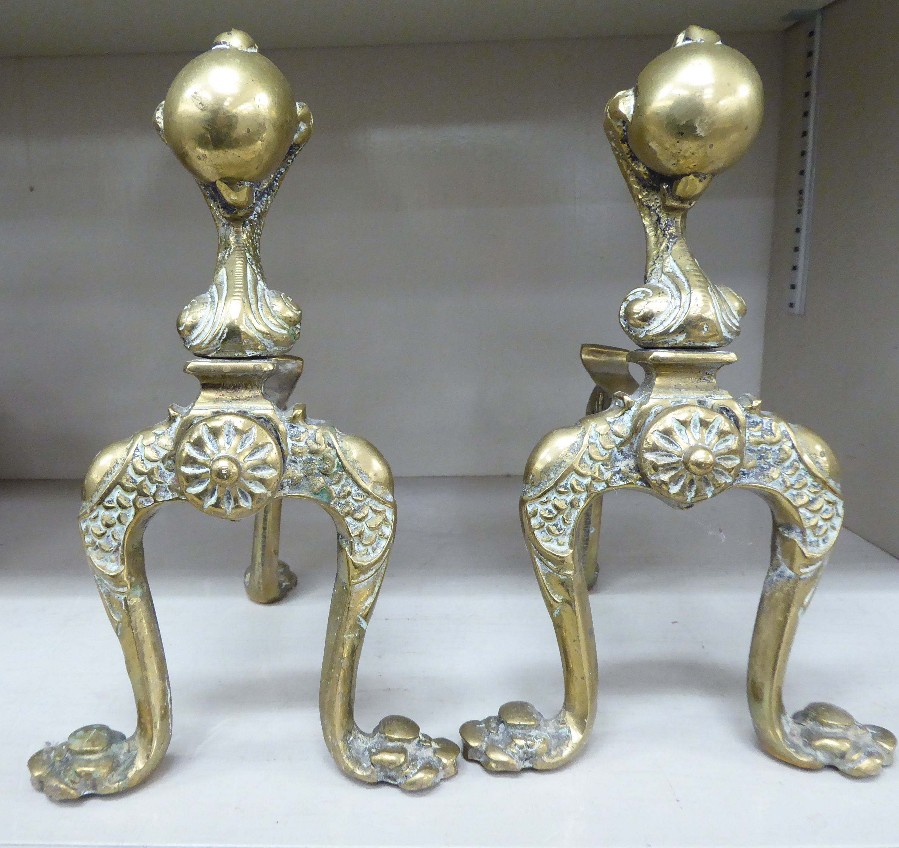 A pair of early 20thC brass fire dogs with a talon and ball finials and cabriole legs 9''h - Image 2 of 2