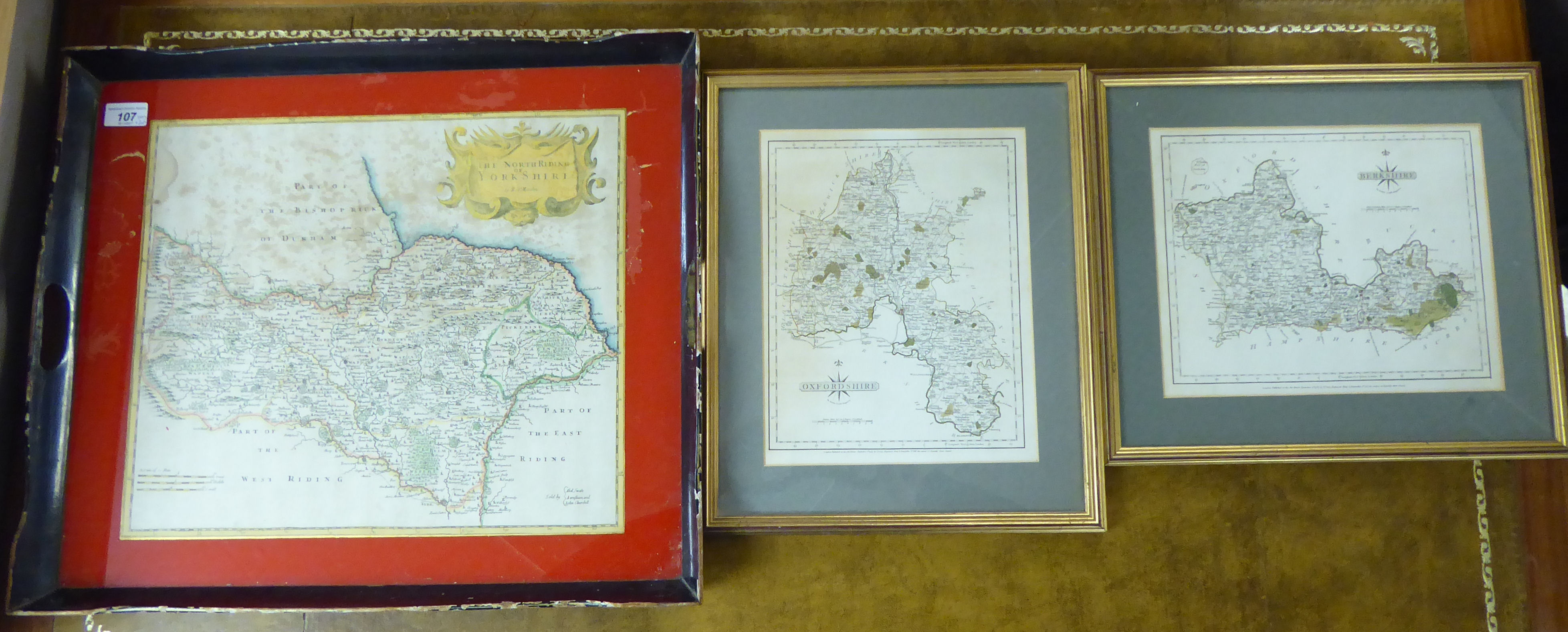 A twin handled tray with a Robert Morden North Riding of Yorkshire map set behind glass 18'' x