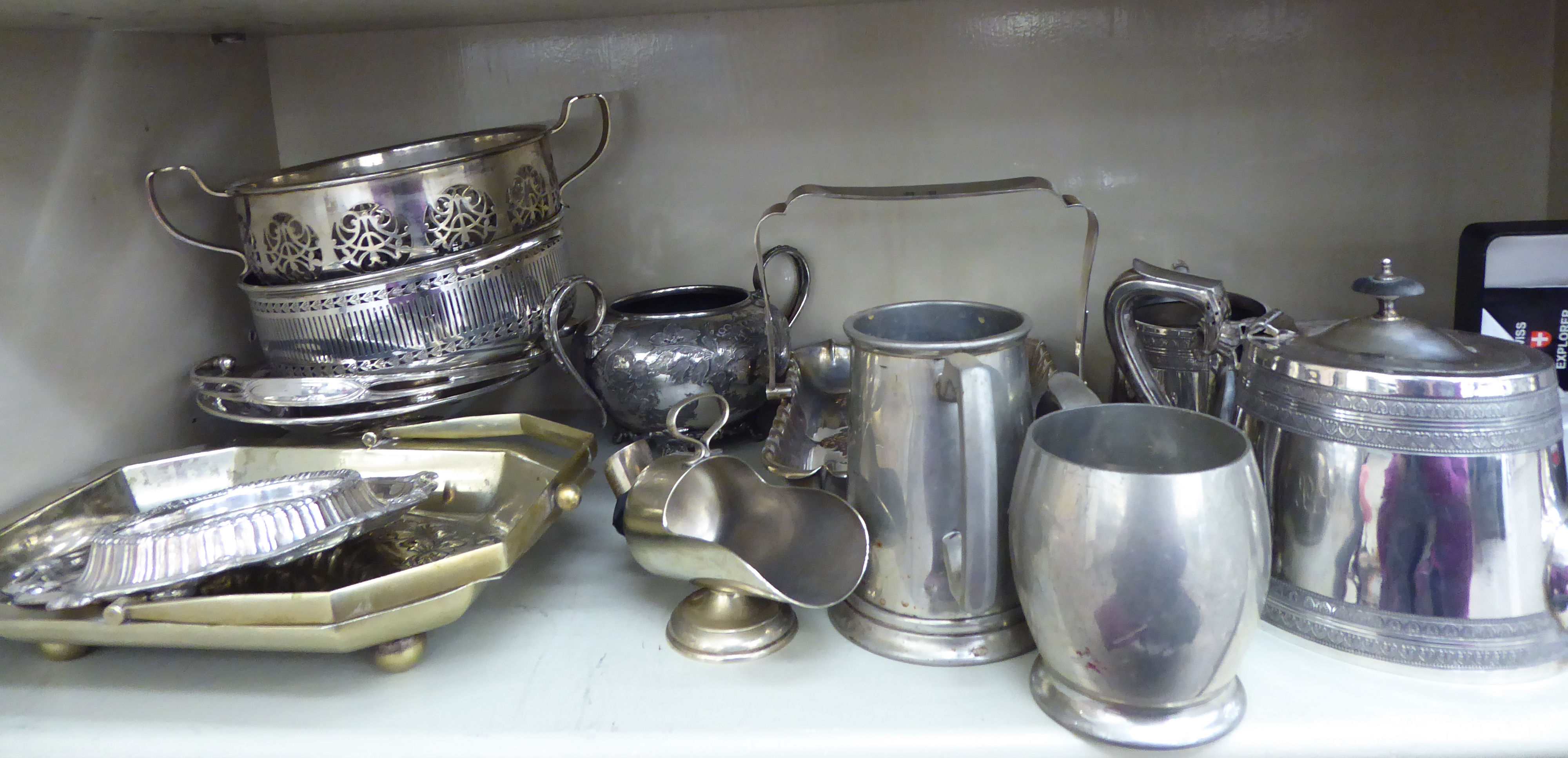 Victorian and later silver plated tableware: to include a bi-coloured shallow basket dish OS1