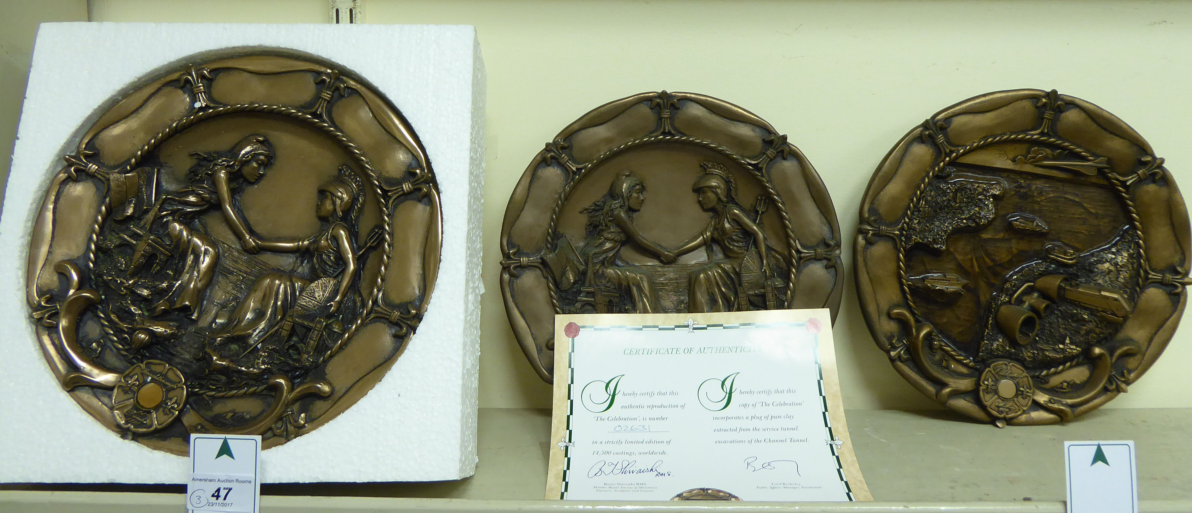 Three similar Channel Tunnel Products Ltd composition bronze effect plaques 9''dia T08