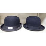 Two black bowler hats, one by AJ White,