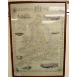 A copy of an 1851 illustrated coloured map of England & Wales 26'' x 18'' framed HSR